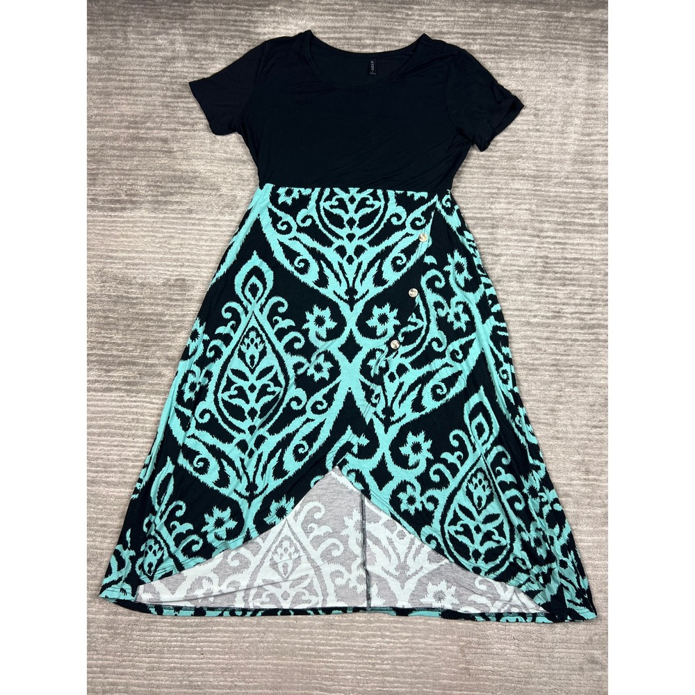 AYIFU Maxi Dress Women Large Black Teal Damask High-Low Wrap Short Sleeve Scoop